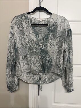 Olivaceous Gray Snake-Print Tie-Front Blouse